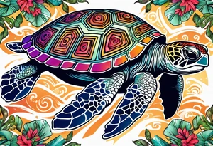 tropical psychedelic turtle, aerial view, from above, high perspective tattoo idea
