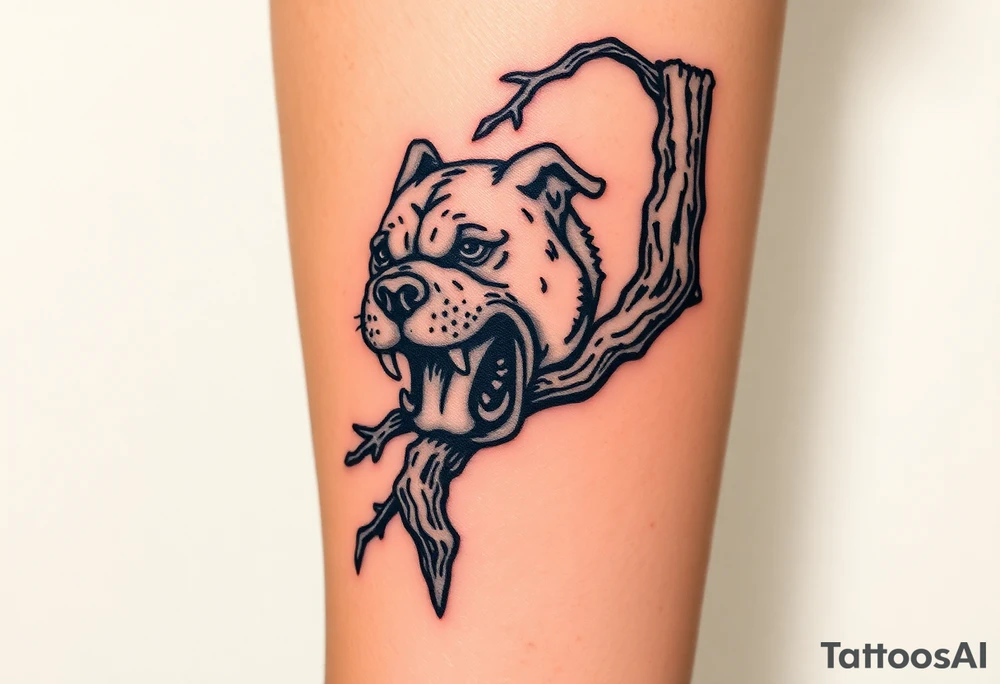 bulldog biting branch hanging from tree medieval woodcut tattoo idea