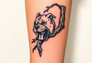 bulldog biting branch hanging from tree medieval woodcut tattoo idea