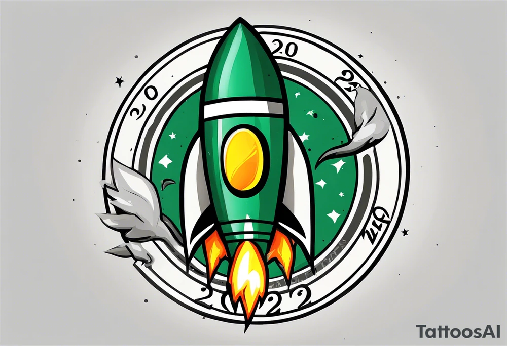 Simple cartoon rocket in green, gray, yellow, blue

Fire coming out the rocket

Black ring around the rocket with "26.2" written at the 10 o'clock position tattoo idea