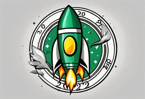 Simple cartoon rocket in green, gray, yellow, blue

Fire coming out the rocket

Black ring around the rocket with "26.2" written at the 10 o'clock position tattoo idea