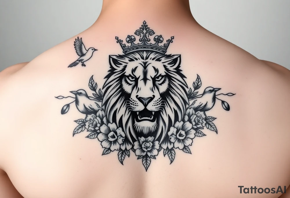 powerful majestic lion with a crown, surrounded by floral ornaments and birds tattoo idea