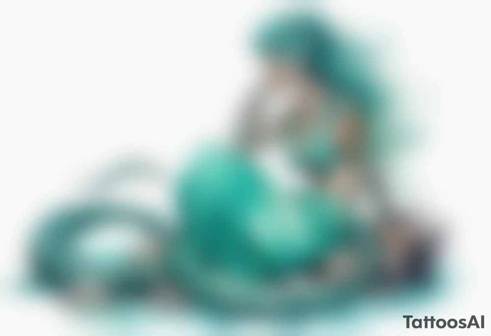 A sea serpent woman hybrid covered in turquois scales sitting on rocks by the ocean tattoo idea