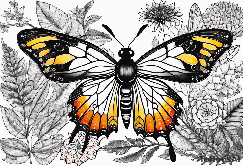 Botanical garden with ferns, black, white, orange, yellow, pink, Fuschia, Madagascan  moth, bee, mandalas, colorful, boho tattoo idea