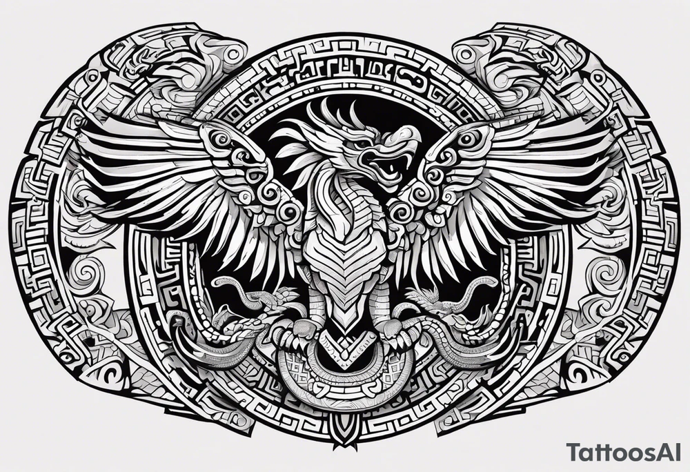 Design a masculine and fierce right chest tattoo of Quetzalcoatl, the Aztec feathered serpent god. Make Quetzalcoatl appear in mid-flight, with his powerful, feathered body coiling dynamically across the chest. His face should have sharp, intense features, with fierce, piercing eyes and serpent fangs bared. Incorporate traditional Aztec geometric patterns, like jagged lines and spirals, in the wings and tail, to emphasize strength and power. Use bold, black ink with subtle shading to give depth and texture, while ensuring the design stays sharp and aggressive. The feathers should appear sharp and stylized, giving an aura of both wisdom and danger. tattoo idea