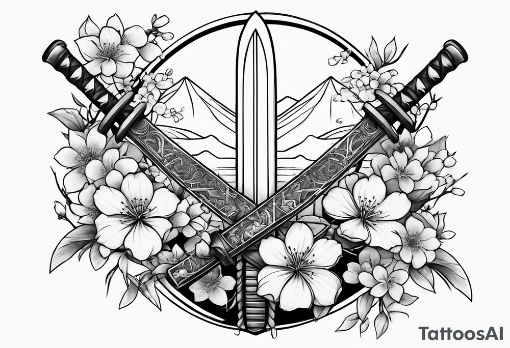 Katana with blossom surrounding it tattoo idea