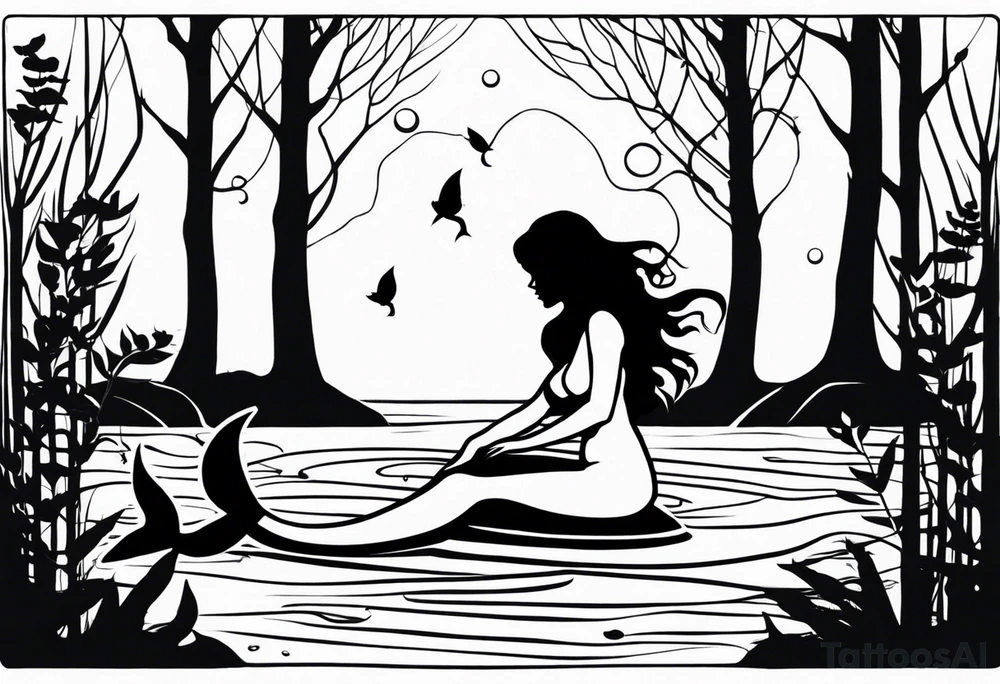 Mermaid silhouette in a swamp with trees and music. tattoo idea