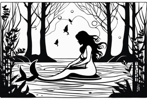 Mermaid silhouette in a swamp with trees and music. tattoo idea