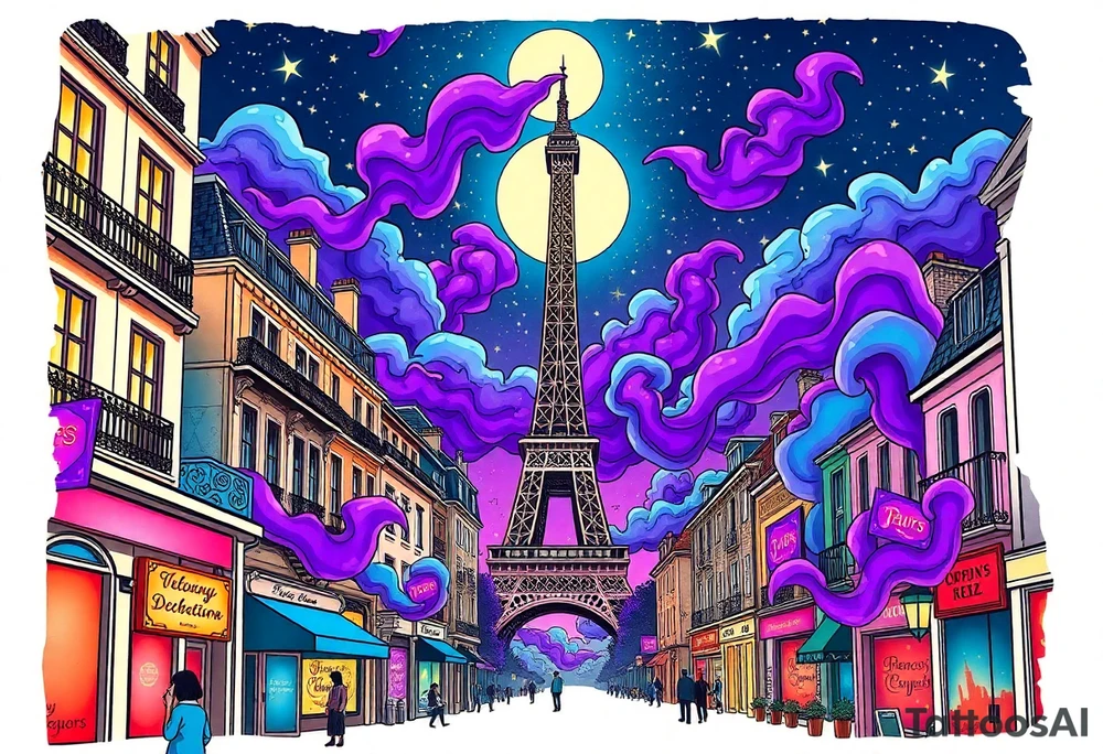 Tim Burton’s paris streets with effel tower from outside view is the street is littered with neon signs purple and cyan smokey clouds swirl and dance in the moonlit night sky filled with twinkling stars  tattoo idea tattoo idea