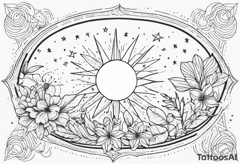fine line with sun, stars, floral, dots. Sternum tattoo tattoo idea