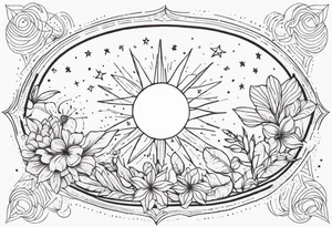 fine line with sun, stars, floral, dots. Sternum tattoo tattoo idea