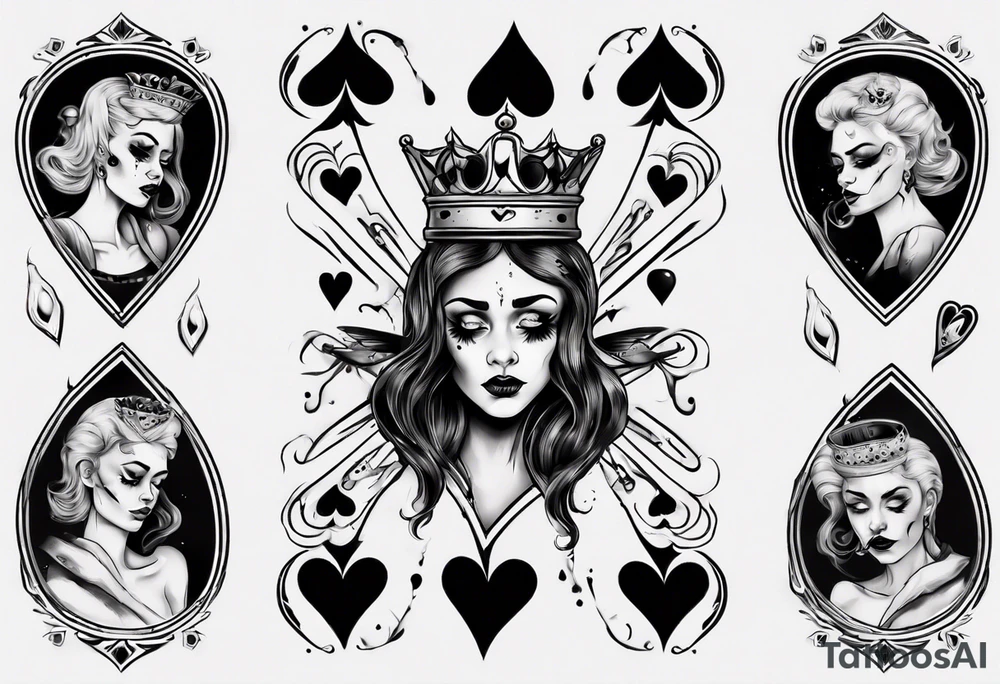 queen of hearts crying black tears, with blank eyes tattoo idea