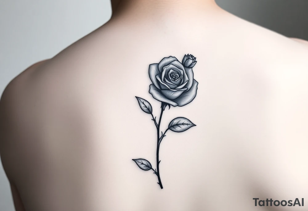 Delicate realistic tattoo in black and white, incorporating a forget me not in honour of our baby lost in early pregnancy, and a rose in honour of our son George Edward Hulbert (born on 14 June 2024) tattoo idea
