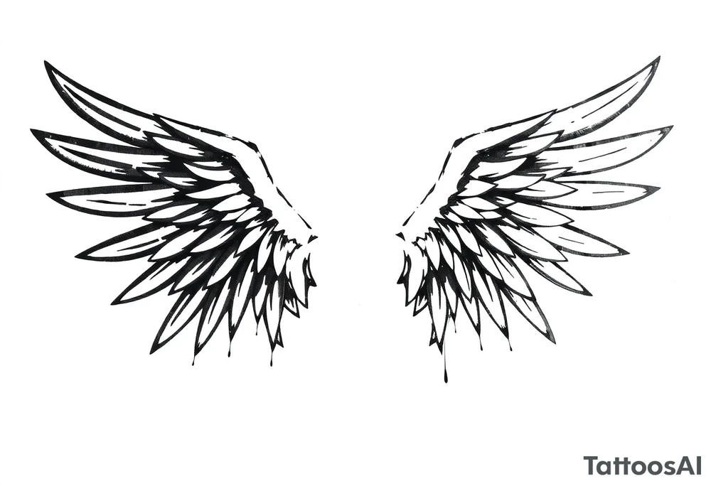 the wings go up

This tattoo design features a pair symmetrical angel wings drawn in black ink with a rough, sketch-like style. The left wing is darker, more defined, and appears denser, while the right wing is lighter, more delicate, and fragmented, creating a contrast between the two. The feathers are sharp and irregular, with fine lines and stray strokes extending outward, adding a raw and artistic feel. The overall look is dynamic and slightly chaotic, giving the impression of movement or an unfinished, ethereal form. This design symbolizes duality, freedom, transformation, or even struggle, making it a meaningful and visually striking tattoo. tattoo idea