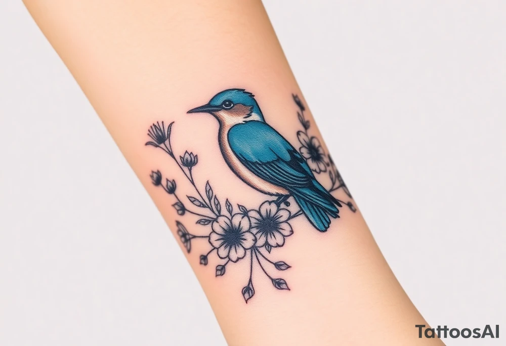 powerful majestic bluebird surrounded by wild flowers tattoo idea