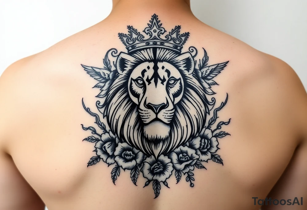 powerful majestic lion with a crown, surrounded by floral ornaments and birds tattoo idea