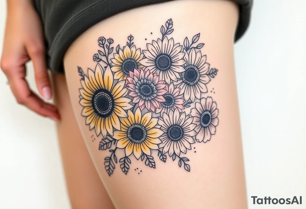 Bouquet of sunflowers, water Lillies, dahlias, marigolds, carnations, hydrangeas, daisys, and chrysanthemums tattoo idea