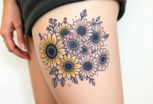 Bouquet of sunflowers, water Lillies, dahlias, marigolds, carnations, hydrangeas, daisys, and chrysanthemums tattoo idea