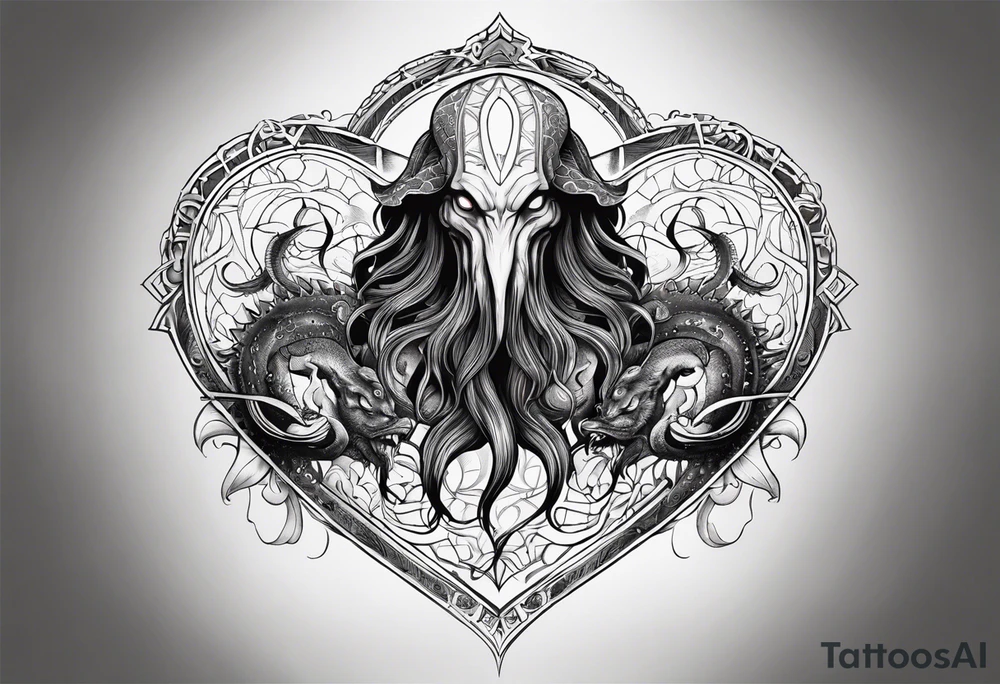 Long tattoo for arm. Lovecraftian creature, protecting a heart. Ctulhu. tattoo idea