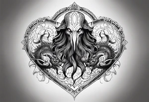 Long tattoo for arm. Lovecraftian creature, protecting a heart. Ctulhu. tattoo idea
