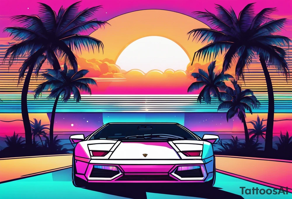 Synthwave tattoo with palm trees and an old lamborghini driving in front of the sun tattoo idea