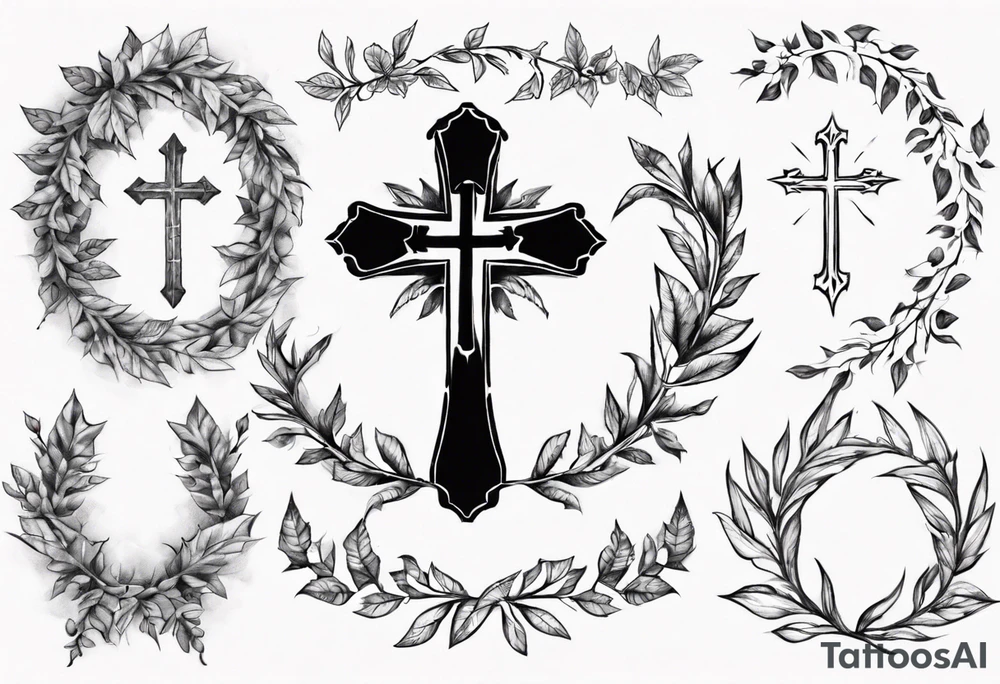 wreath leaves and the cross at the end of the leaves connecting tattoo idea