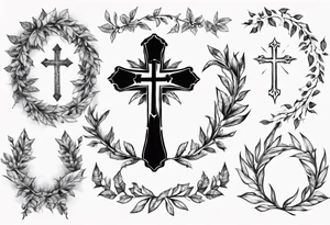 wreath leaves and the cross at the end of the leaves connecting tattoo idea