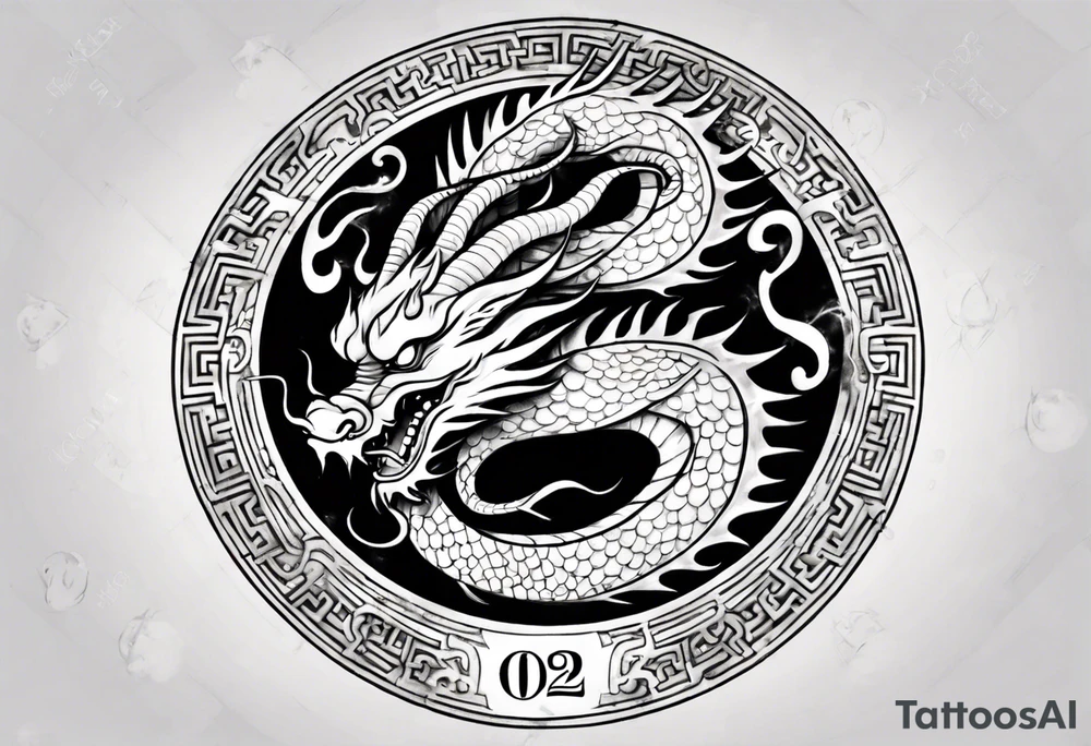 Chinese dragon in a circular shape with "02.03" written on its skin tattoo idea