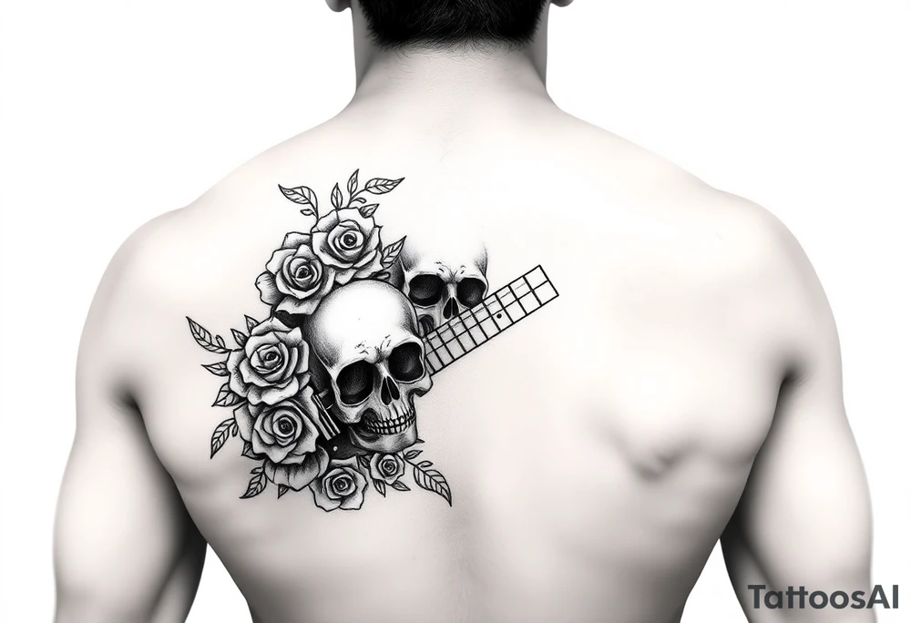 Electric guitar with skulls and roses on it tattoo idea