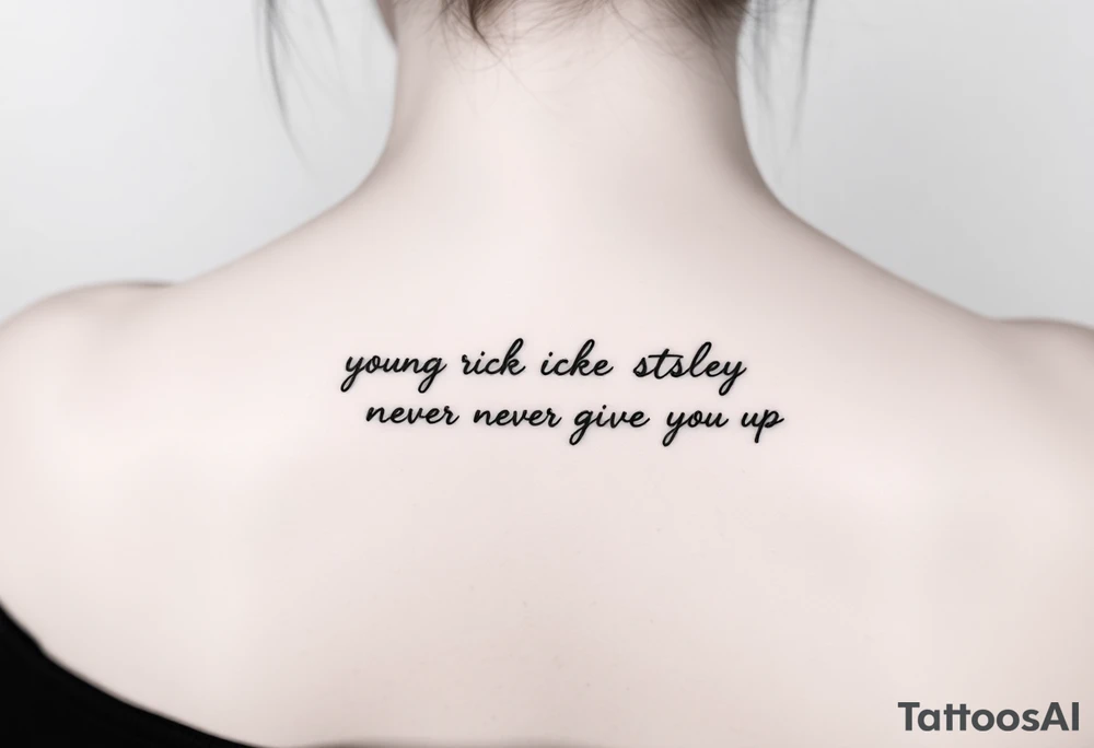 Young Rick Astley Dance and Never Gonna Give You Up text tattoo idea