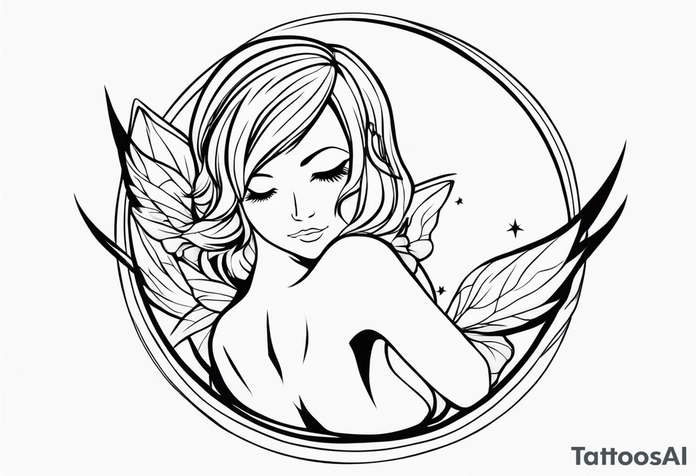No color fairy with a tail inspired by the anime show called Fairy Tail in a fetal position leaning in and forward while sleeping tattoo idea