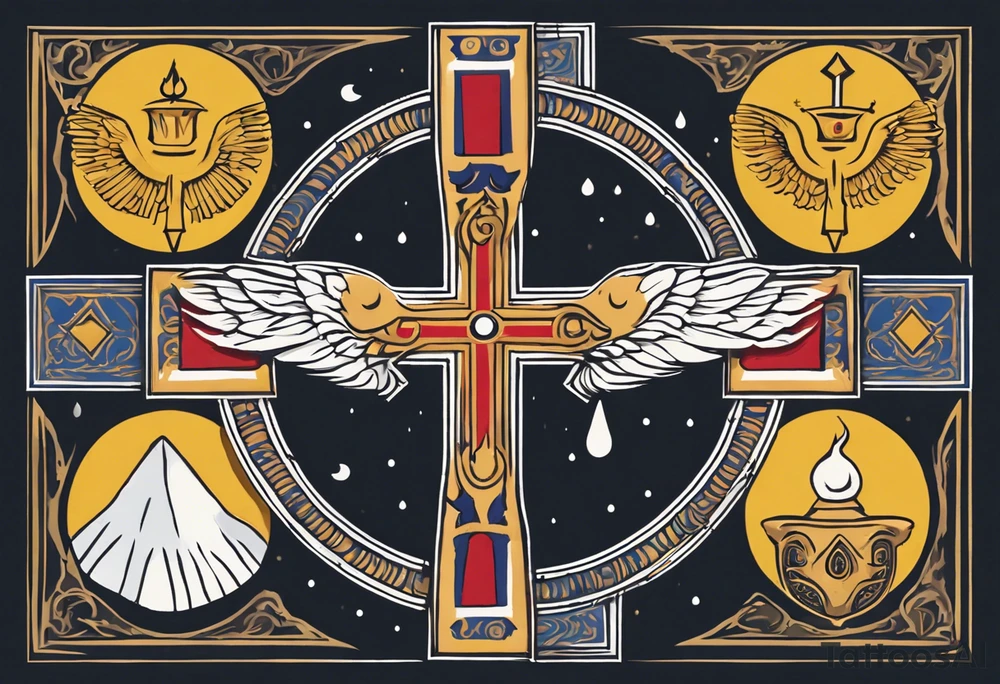 A medieval cross with an assyrian flag in the middle. A crown om top of the cross. The assyrian king Sennacherib. A sun and a moon. A cloud with rain and thunder. charizard. an imperfect cirkle. a candle. a swan. lemons. the god asshur with wings. an ankh. angel wings with a halo. surrounded by olive branches and feathers. tattoo idea