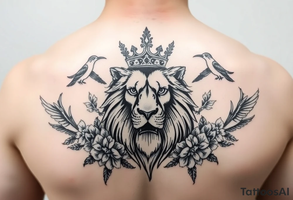 powerful majestic lion with a crown, surrounded by floral ornaments and birds tattoo idea