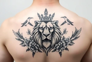 powerful majestic lion with a crown, surrounded by floral ornaments and birds tattoo idea
