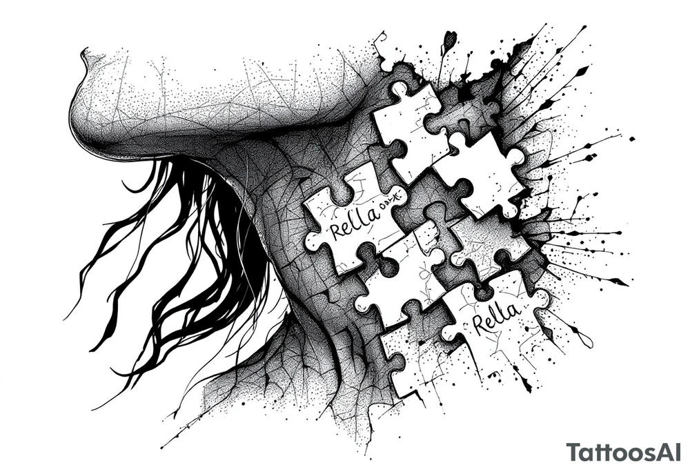 Puzzle piece neck tattoo where one of the pieces says Rella tattoo idea