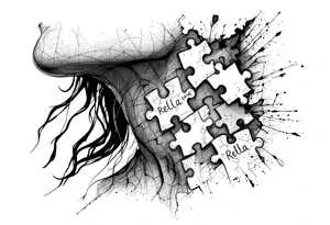 Puzzle piece neck tattoo where one of the pieces says Rella tattoo idea