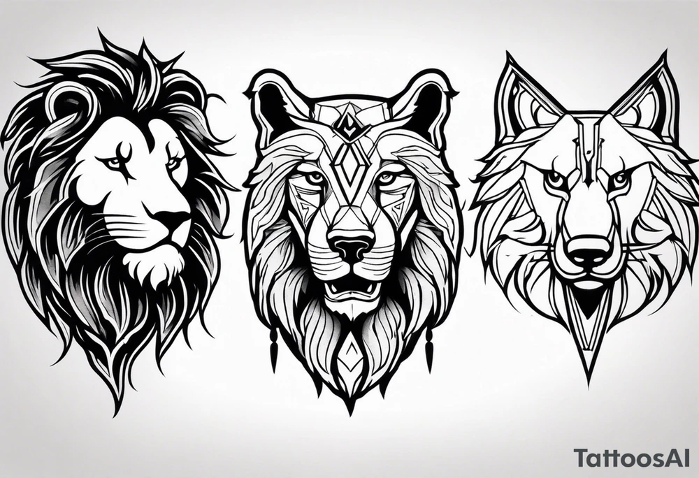 Tattoo of a Lions head, a Wolfs head, and an Eagles head tattoo idea