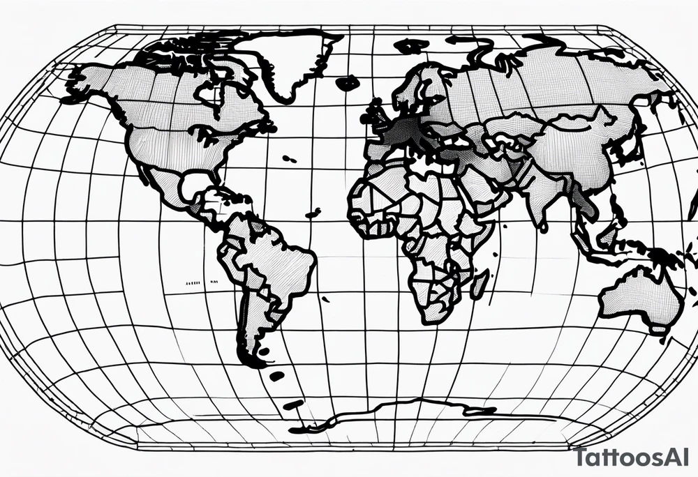 flat map of the earth with lines of a grid not shaded in with no bolding with the countries with accurate borders tattoo idea