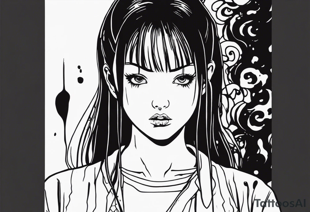 portrait of tomie standing up a character by the horror manga author junji ito full body standing murderously. add more horror and gore elements tattoo idea