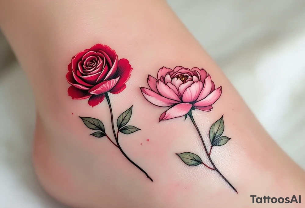 One partner wears a rose in deep red tones, while the other has a blooming peony in pink, together symbolizing eternal passion and beauty. tattoo idea