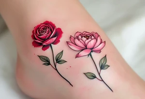 One partner wears a rose in deep red tones, while the other has a blooming peony in pink, together symbolizing eternal passion and beauty. tattoo idea