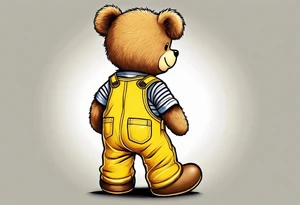 image of the back of a light brown teddy bear standing in yellow overalls, striped tank top and wearing boots tattoo idea