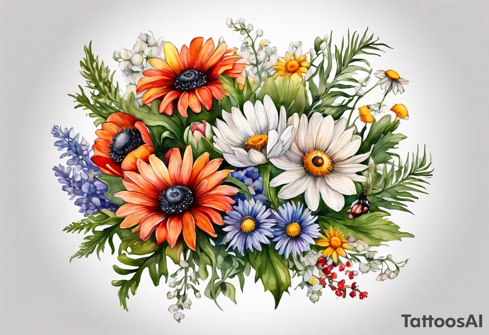 an oval of wildflowers cascading with thistles, ferns, white anemones, sun flowers, red flowers, black flowers, buttercups, orange flowers, babys breath and daisies all in watercolor tattoo idea