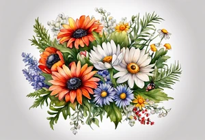 an oval of wildflowers cascading with thistles, ferns, white anemones, sun flowers, red flowers, black flowers, buttercups, orange flowers, babys breath and daisies all in watercolor tattoo idea