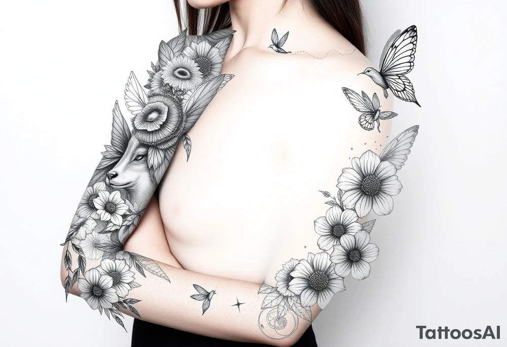 Magical mythical animal sleeve with fairies and flowers, including some geometric aspects tattoo idea