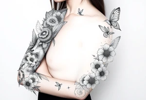 Magical mythical animal sleeve with fairies and flowers, including some geometric aspects tattoo idea