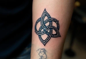 Celtic Trinity Knot (Triquetra) with Blue Accents
Intricate interwoven knot symbolizing unity of mind, body, and spirit. Inked in dark black lines with royal blue shading for depth and mysticism. tattoo idea