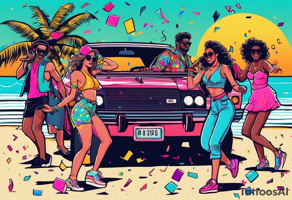 1980's style dance party with boom box and confetti in a beach theme. include people in 80's miami beach clothes, music note. Do not include cars tattoo idea