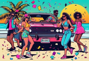 1980's style dance party with boom box and confetti in a beach theme. include people in 80's miami beach clothes, music note. Do not include cars tattoo idea