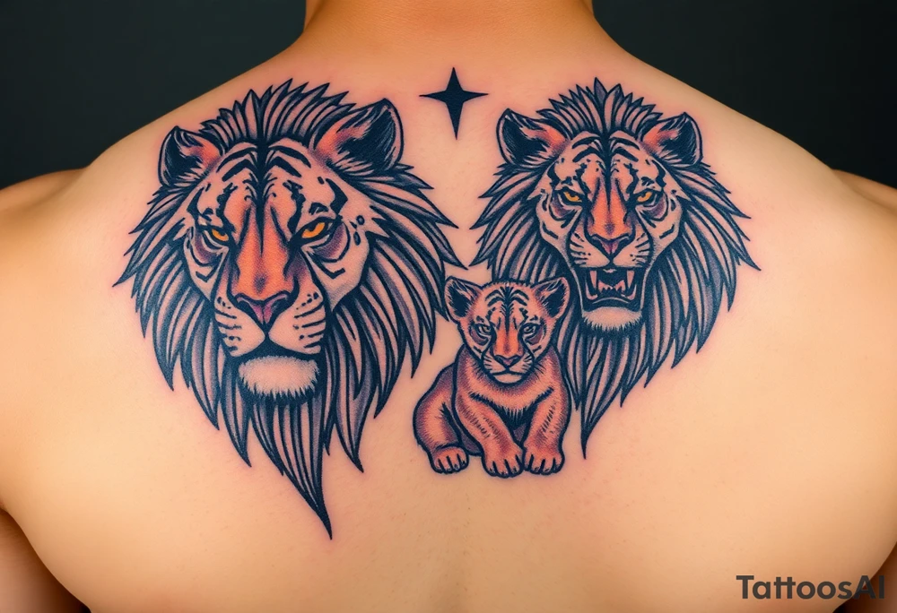 Male, female and cub lions tattoo idea